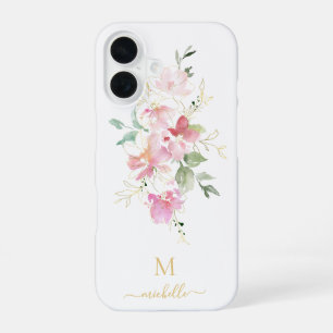 Elegant Pink Floral Gold Script Monogram iPhone 16 Case
