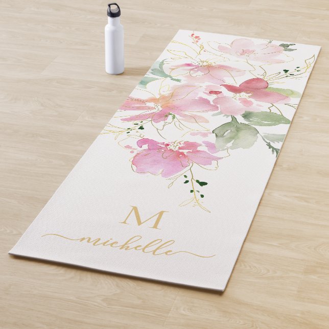 Elegant Pink Floral Gold Script Monogram Yoga Mat (In Situ)