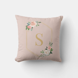 Elegant Pink Floral Gold Script Monogrammed Cushion