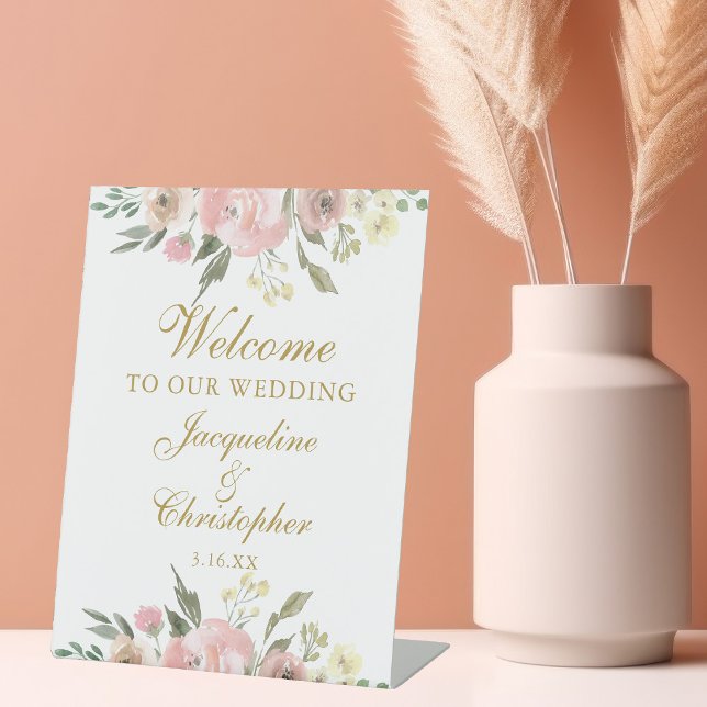 Elegant Pink Floral Gold Welcome to our Wedding Pedestal Sign (Creator Uploaded)