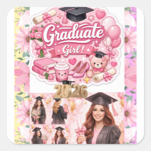 Elegant Pink Floral Graduation Party baner Square Sticker