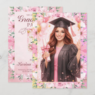 Elegant Pink Floral Graduation Party Invitation