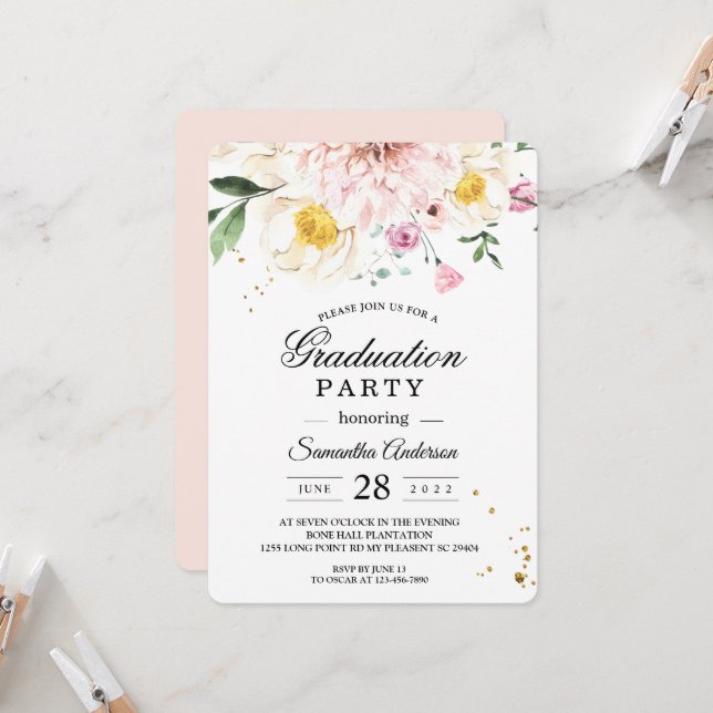 Elegant Pink Floral Graduation Party  Invitation (Front/Back In Situ)