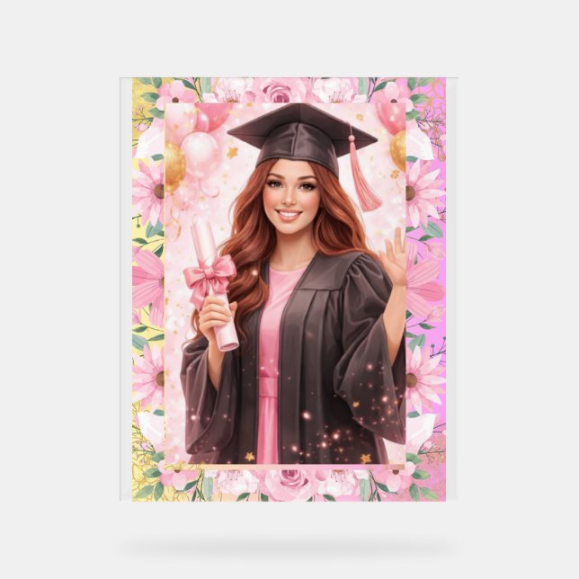 Elegant Pink Floral Graduation Party Invitation Acrylic Sign (Front)