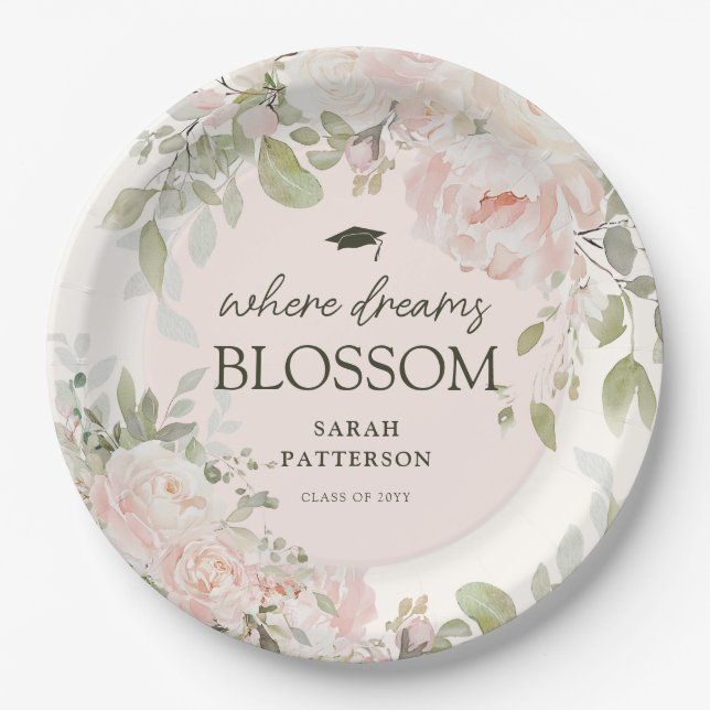 Elegant Pink Floral Graduation Party Paper Plate (Front)