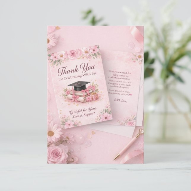 Elegant Pink Floral Graduation Party thank you car Card (Standing Front)