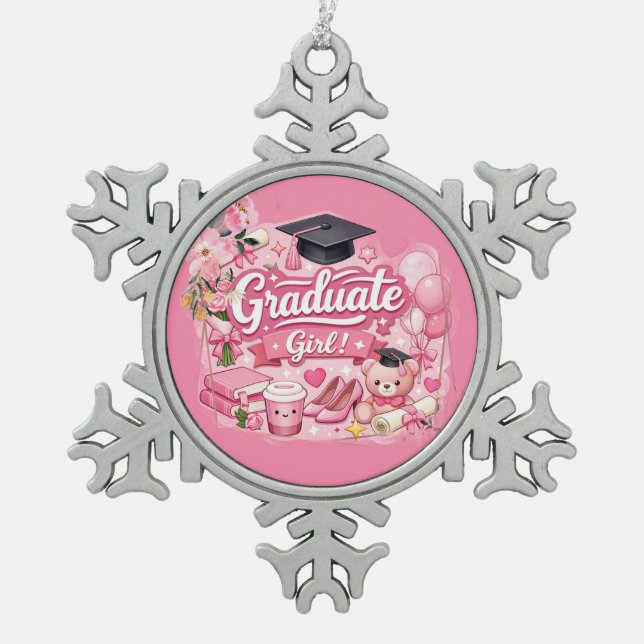 Elegant Pink Floral Graduation Party watch Snowflake Pewter Christmas Ornament (Front)