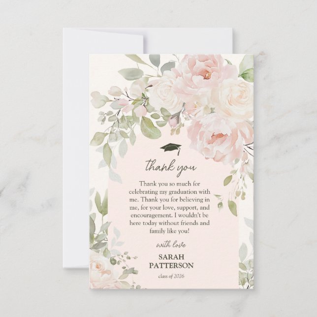 Elegant Pink Floral Graduation Thank You Card (Front)