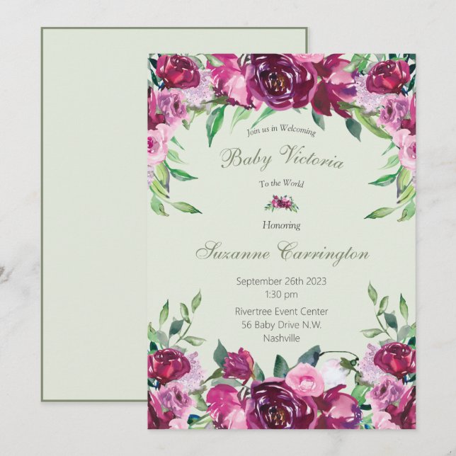 Elegant Pink Floral Green Girl Script Baby Invitation (Front/Back)