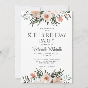 Elegant Pink Floral Greenery 50th Birthday Party Invitation