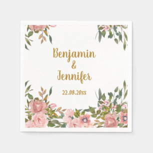 Elegant Pink Floral Greenery and gold Wedding Napkin