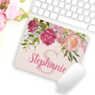 Elegant Pink Floral Greenery Monogram Name Initial Mouse Mat