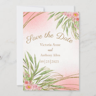 Elegant Pink Floral Greenery Watercolor Modern Save The Date
