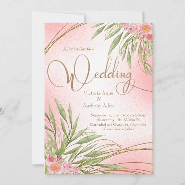 Elegant Pink Floral Greenery Watercolor Wedding Invitation (Front)