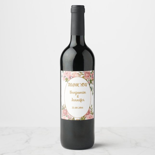 Elegant Pink Floral Greenery Wedding Thank You  Wine Label (Front)