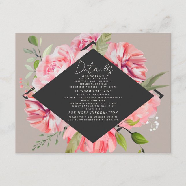 Elegant Pink Floral Grey Wedding Reception Details Enclosure Card (Front)