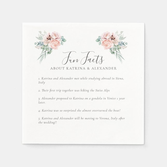 Elegant Pink Floral Grey & White Fun Facts Wedding Napkin (Front)