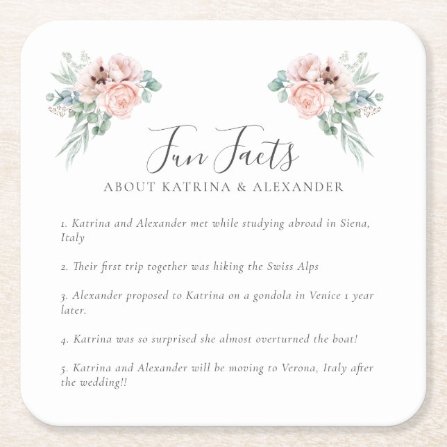 Elegant Pink Floral Grey & White Fun Facts Wedding Square Paper Coaster (Front)