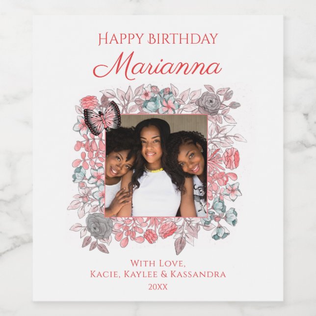 Elegant Pink Floral Happy Birthday Family Photo Wine Label (Single Label)