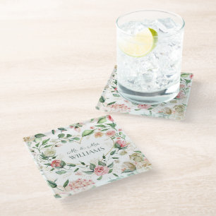 Elegant Pink Floral Heart Wedding & Anniversary  Glass Coaster