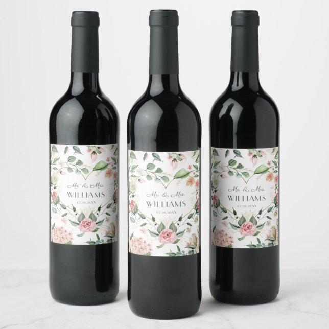 Elegant Pink Floral Heart Wedding | Anniversary Wine Label (Bottles)
