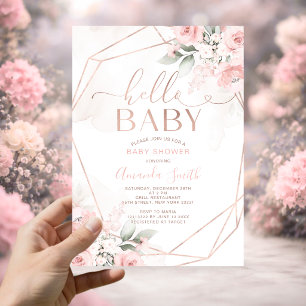 Elegant Pink Floral Hello Baby Shower Invitation