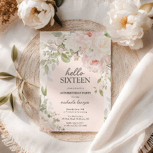 Elegant Pink Floral 'Hello Sixteen' 16th Birthday Invitation