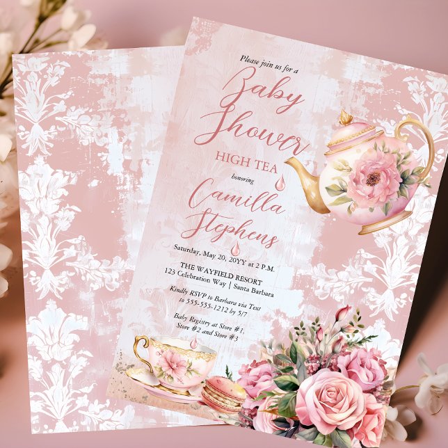 Elegant Pink Floral High Tea Girl Baby Shower Invitation (Elegant Pink Roses Floral High Tea Teapot and Teacup Girl Baby Shower Invitation)