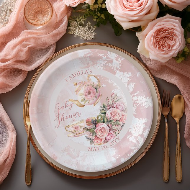 Elegant Pink Floral High Tea Girl Baby Shower Paper Plate (Elegant Pink Roses Floral High Tea Teapot and Teacup Girl Baby Shower Paper Plates)