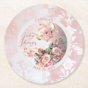 Elegant Pink Floral High Tea Girl Baby Shower Round Paper Coaster