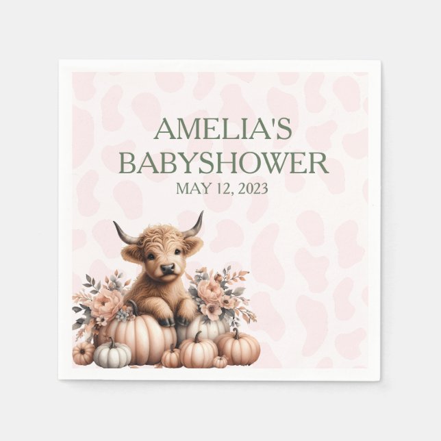 Elegant pink floral highland cow baby shower  napkin (Front)