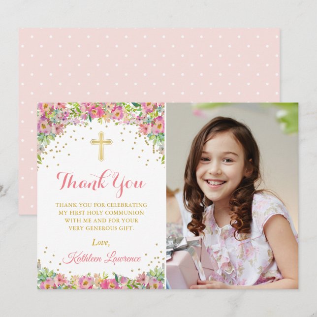 Elegant Pink Floral Holy Communion Thank You Invitation (Front/Back)
