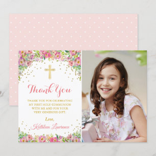 Elegant Pink Floral Holy Communion Thank You Invitation