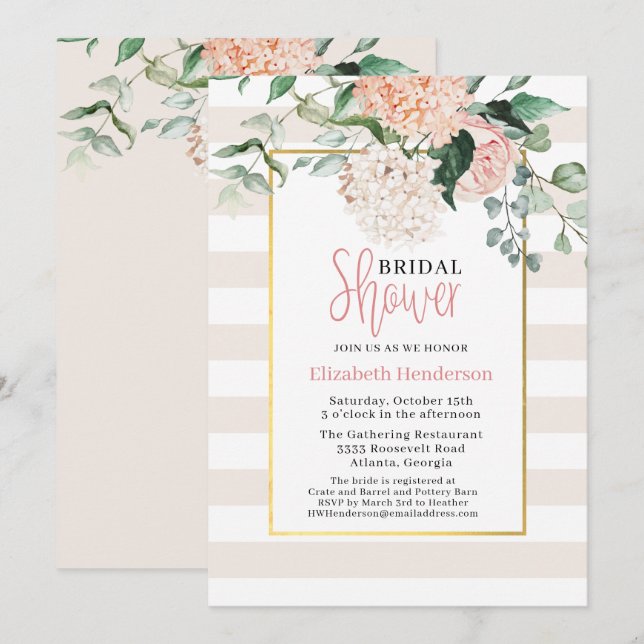 Elegant Pink Floral Hydrangea Bridal Shower Invitation (Front/Back)