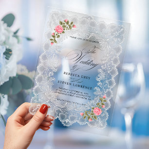 Elegant Pink Floral Lace Calligraphy Wedding Acrylic Invitations