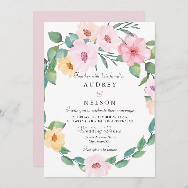 Elegant Pink Floral Leaf Wreath Wedding Invitation (Front/Back)