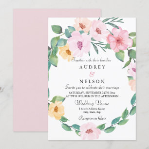 Elegant Pink Floral Leaf Wreath Wedding Invitation