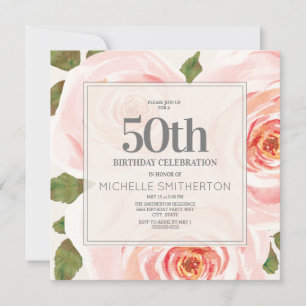 Elegant Pink Floral Leaves 50th Birthday Women Invitation