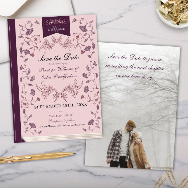 Elegant Pink Floral Library Wedding Save the Date Invitation (Elegant Pink and Plum Victorian Library Book Cover Wedding Save the Date Invitation Card with Photo)