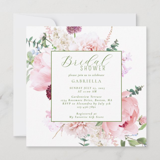 Elegant Pink Floral Light Sage Green Bridal Shower Invitation (Front)