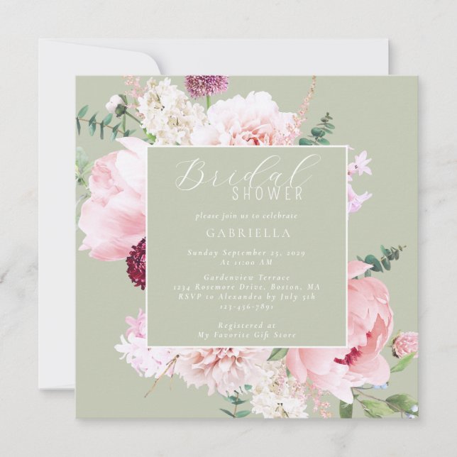 Elegant Pink Floral Light Sage Green Bridal Shower Invitation (Front)