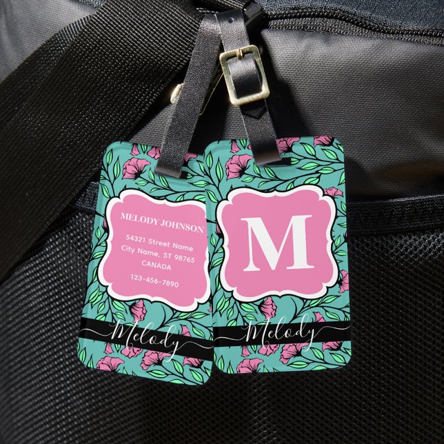 Elegant Pink Floral Luggage Tag with Monogram (Creator Uploaded)