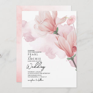 Elegant Pink Floral Magnolia Watercolor Wedding Invitation