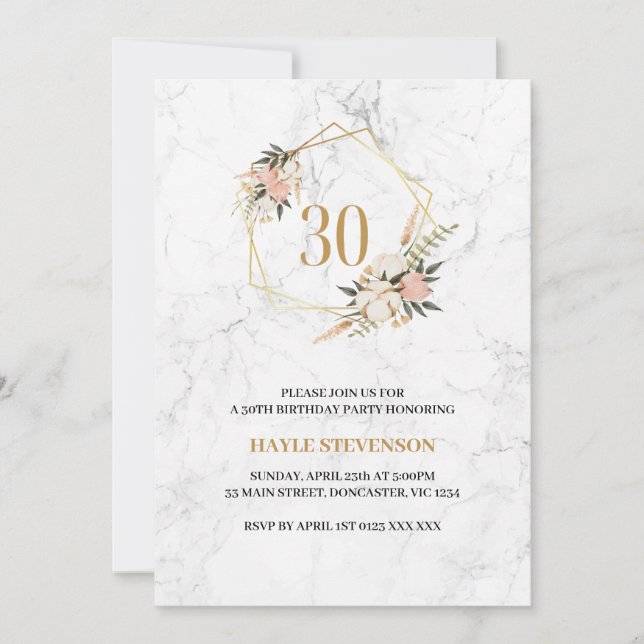 Elegant Pink Floral Marble 30th Birthday Invitation (Front)