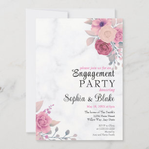Elegant Pink Floral Marble Engagement Party Invitation