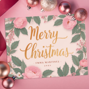 Elegant Pink Floral Merry Christmas Card