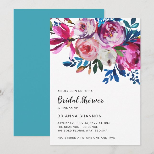 Elegant Pink Floral Modern Bridal Shower Invitation (Front/Back)