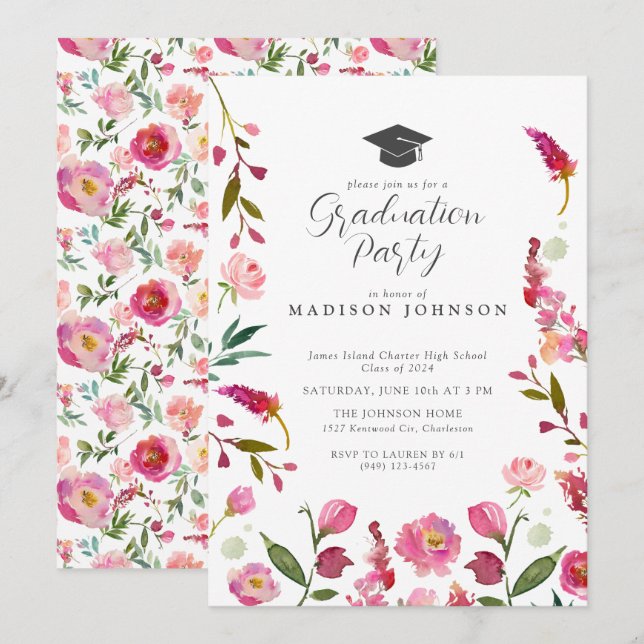 Elegant Pink Floral Modern Script Graduation Party Invitation (Front/Back)