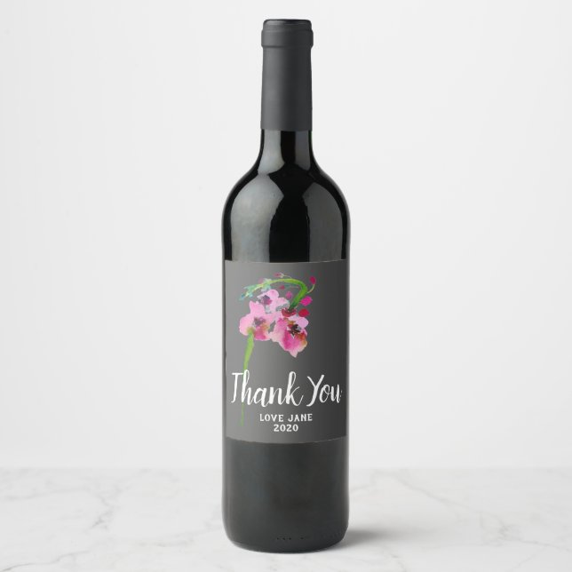 Elegant pink floral modern thank you gift wine label (Front)