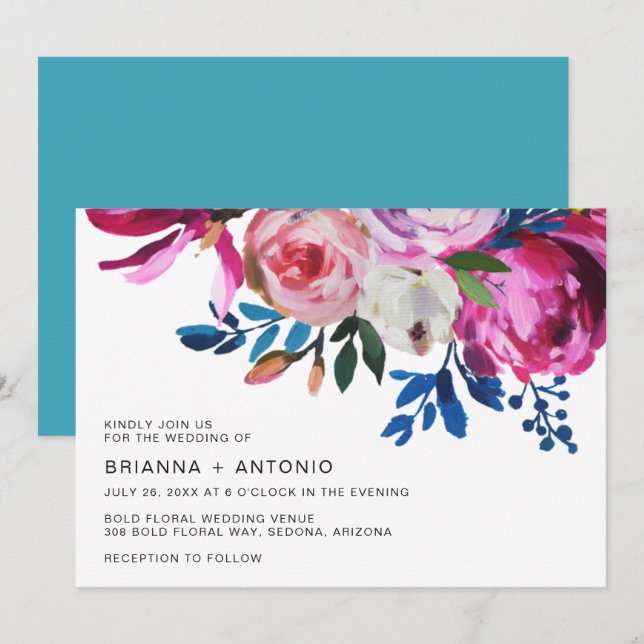 Elegant Pink Floral Modern Wedding Invitation (Front/Back)
